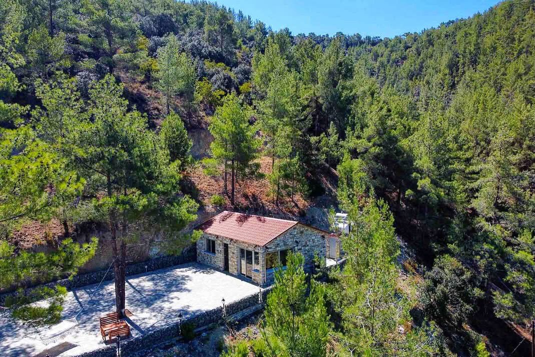 Αεροφωτογραφία της πέτρινης κατοικίας και της πλακόστρωτης βεράντας μέσα στο πευκοδάσος
